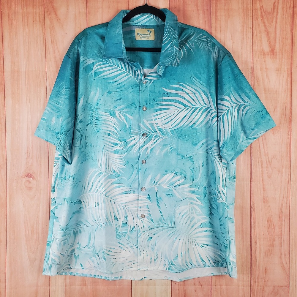 Royaura Mens Hawaiian Shirt Sz 2XL Teal Tropical Print Short Sleeve Button-Up
